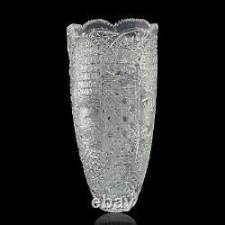 Cut Crystal Vase 14 1/2 Tall Artist Signed Buttons Daisies Stars Sawthooth Rim