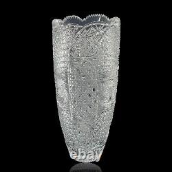 Cut Crystal Vase 14 1/2 Tall Artist Signed Buttons Daisies Stars Sawthooth Rim