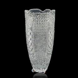 Cut Crystal Vase 14 1/2 Tall Artist Signed Buttons Daisies Stars Sawthooth Rim