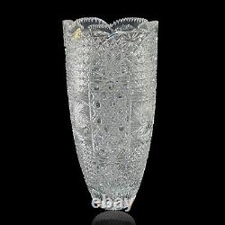 Cut Crystal Vase 14 1/2 Tall Artist Signed Buttons Daisies Stars Sawthooth Rim