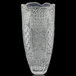 Cut Crystal Vase 14 1/2 Tall Artist Signed Buttons Daisies Stars Sawthooth Rim