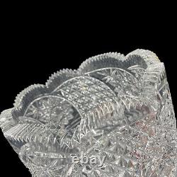 Cut Crystal Vase 14 1/2 Tall Artist Signed Buttons Daisies Stars Sawthooth Rim