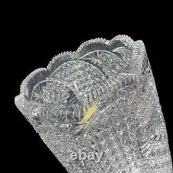 Cut Crystal Vase 14 1/2 Tall Artist Signed Buttons Daisies Stars Sawthooth Rim