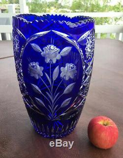 Cut To Clear COBALT Blue CUT GLASS Crystal Vase Floral Design