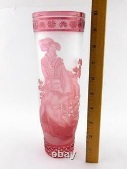 Cut to Clear Crystal Cranberry Geisha Vase Signed Ingrid Art Glass Vase A+ COND