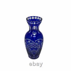 Czech Bohemian Art Glas Cobalt Blue Cut to Clear Crystal Glass Vase Mid Century