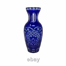 Czech Bohemian Art Glas Cobalt Blue Cut to Clear Crystal Glass Vase Mid Century