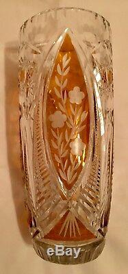 Czech Bohemian Crystal Glass Vase With 3 Amber Cut To Clear Panels