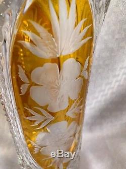 Czech Bohemian Crystal Glass Vase with2 Amber Cut to Clear Panels withFlowers 10