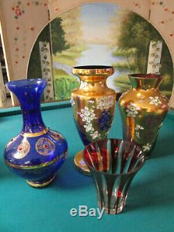 Czech Bohemian Crystal Gold & Ceramic Applied Flowers & Red To Clear Cut Vases