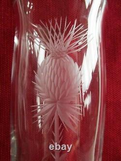 Czech Bohemian Mid-Century Modern Engraved Cut CRYSTAL VASE Thistle 9.8 inches