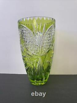Czech Bohemian Olive Green Cut To Clear Crystal 10.5 Vase Diamond/daisy