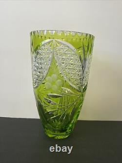 Czech Bohemian Olive Green Cut To Clear Crystal 10.5 Vase Diamond/daisy
