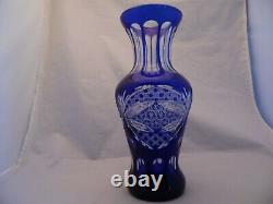 Czech Bohemian Vintage Cobalt Blue Cut to Clear Crystal Cut Glass Vase