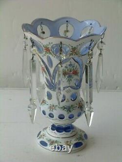 Czech Bohemian White Cased Vase Cut to Blue Crystal Prism Hand Painted 9 Tall
