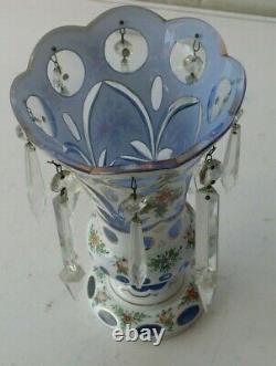 Czech Bohemian White Cased Vase Cut to Blue Crystal Prism Hand Painted 9 Tall