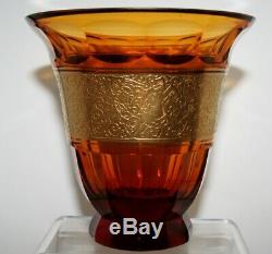 Czech Moser Art Glass Vase Amber Cut Crystal & Gold Gilt Figural Warriors Band