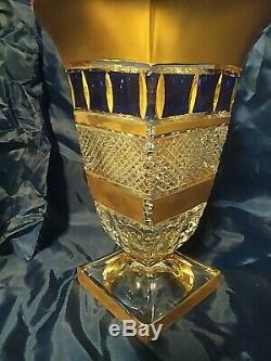 Czech bohemia crystal glass Cut vase 29cm decorated double gold + blue