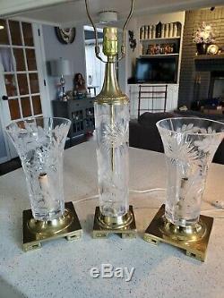 Dresden Cut Crystal Vase with Brass Base Accent Lamp set of 3