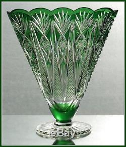 EMERALD GREEN Footed Fan Vase CUT TO CLEAR Lead CRYSTAL Germany NACHTMANN Rome