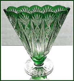 EMERALD GREEN Footed Fan Vase CUT TO CLEAR Lead CRYSTAL Germany NACHTMANN Rome