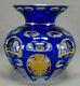 Early 20th Century Bohemian Cobalt Cut To Clear Gold Birds Floral Crystal Vase