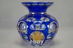 Early 20th Century Bohemian Cobalt Cut to Clear Gold Birds Floral Crystal Vase