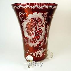 Egermann Bohemian Crystal Glass Cut to Clear Ruby Red Footed Vase Elk House Vtg