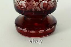 = Egermann Bohemian Cut to Clear Ruby Red Crystal Glass Small Vase Castle & Bird