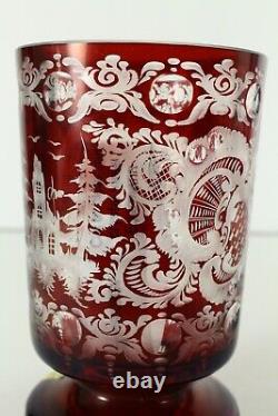 = Egermann Bohemian Cut to Clear Ruby Red Crystal Glass Small Vase Castle & Bird
