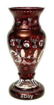 Egermann Bohemian Cut to Clear Ruby Red Large 12 Crystal Glass Vase