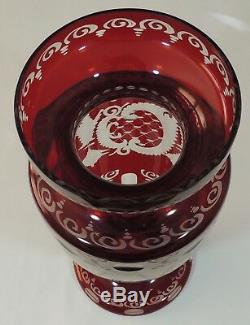 Egermann Czech Republic Bohemian Ruby Red Cut To Clear 12 1/8 Crystal Vase EUC