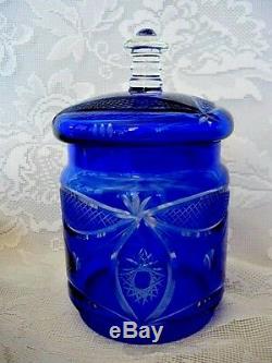 Elegant Cobalt Blue Blown Glass Cut-to-Clear Crystal Biscuit / Apothecary Jar