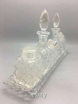 Elegant Complete Cut Crystal Glass 5 Piece Condiment Set cw Tray & Silver Spoon
