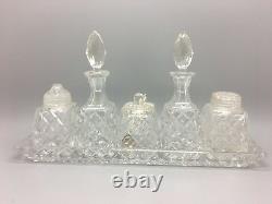 Elegant Complete Cut Crystal Glass 5 Piece Condiment Set cw Tray & Silver Spoon