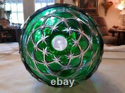 Emerald Green Cut to Clear Crystal Lidded Pedestal Urn Vase 14 Bohemian