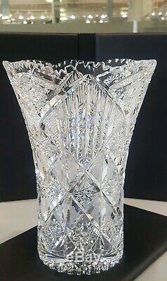 Estate 9 1/2 Brilliant Cut Glass Crystal Vase Star Burst Sawtooth Edge