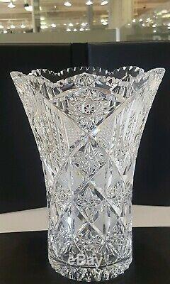 Estate 9 1/2 Brilliant Cut Glass Crystal Vase Star Burst Sawtooth Edge