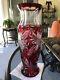 Estate Stunning Large 14antique Deep Ruby Red Cut To Clear Crystal Glass Vase