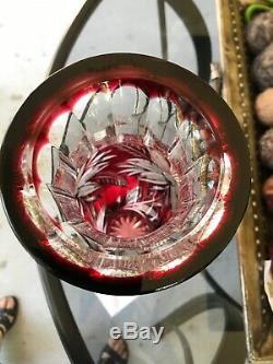 Estate Stunning Large 14Antique Deep Ruby Red Cut To Clear Crystal Glass Vase
