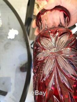Estate Stunning Large 14Antique Deep Ruby Red Cut To Clear Crystal Glass Vase