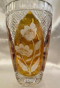 Exquisite Large 1930s Amber Bohemian Cut to Clear Etched Lead Crystal Vase
