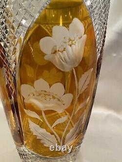 Exquisite Large 1930s Amber Bohemian Cut to Clear Etched Lead Crystal Vase