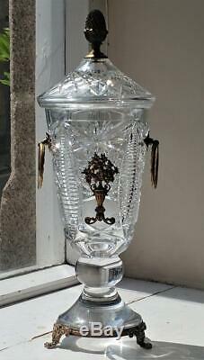 Exquisite Large Antique Gilt Mounted Crystal Cut Vase with Two Ring Handles
