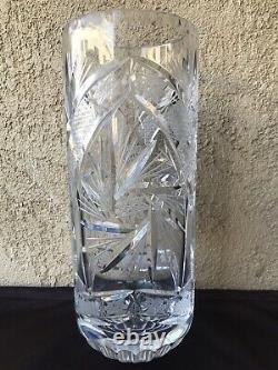 Exquisitely cut Vintage Heavy Clear Crystal Lead Flower Vase Edge 11 3/4 Tall