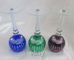 FIFTH AVENUE PRINCESS set of 3 cut-to-clear wine goblets green-purple-blue