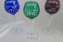 FIFTH AVENUE PRINCESS set of 3 cut-to-clear wine goblets green-purple-blue