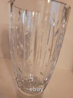 Faberge Cut Glass Crystal Vase 8 tall with Leaf Leaves on Stem Ribbed Signed