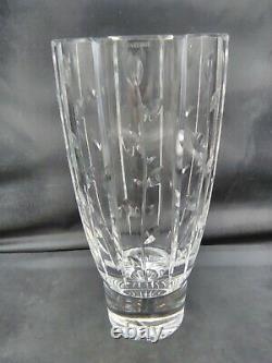 Faberge Cut Glass Crystal Vase 8 tall with leaf leaves on stem Ribbed NICE Signed