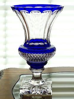 Faberge Empire Vase 12h Signed, Cobalt Blue Cased Cut To Clear Crystal